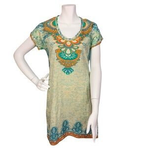 Sundance 100% Silk Mini Dress Green Geo Print Short Sleeve Round Neck Size S EUC